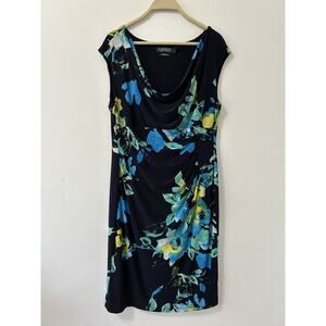 Ralph Lauren Blue Floral Print Cowl Neck Sleeveless Jersey Dress Size 14 Stretch